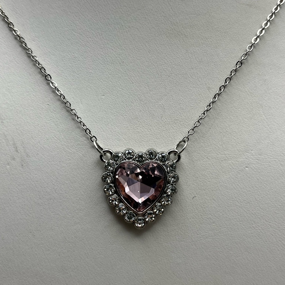 Elegant Silver Heart Necklace with Pink Crystal -Everyday Elegance